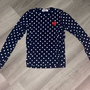 Navy long sleeve comme des garçons play top. Polka dot with a red heart.